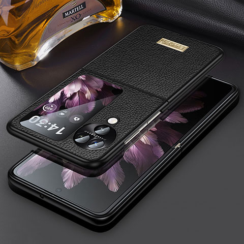 Funda Bumper Lujo Cuero y Plastico Mate Carcasa LD2 para Oppo Find N3 Flip 5G Negro