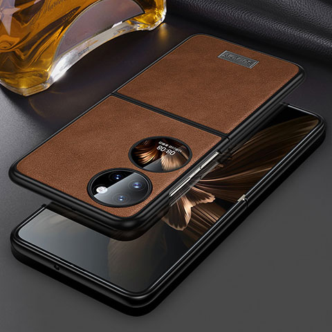 Funda Bumper Lujo Cuero y Plastico Mate Carcasa LD3 para Huawei P60 Pocket Marron