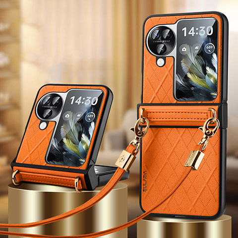 Funda Bumper Lujo Cuero y Plastico Mate Carcasa LD3 para Oppo Find N3 Flip 5G Naranja