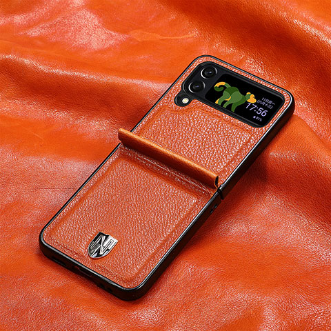 Funda Bumper Lujo Cuero y Plastico Mate Carcasa R06 para Samsung Galaxy Z Flip4 5G Naranja