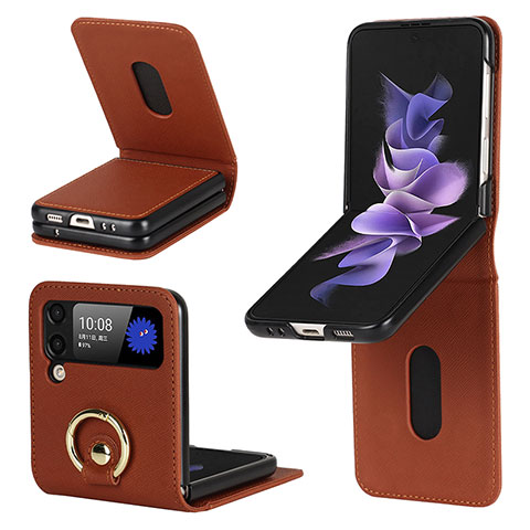 Funda Bumper Lujo Cuero y Plastico Mate Carcasa S02 para Samsung Galaxy Z Flip3 5G Marron