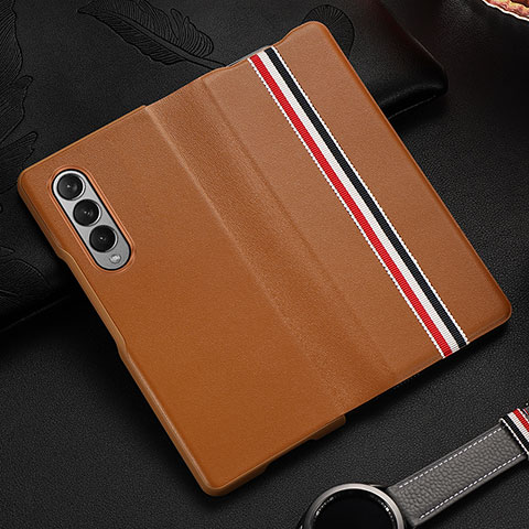 Funda Bumper Lujo Cuero y Plastico Mate Carcasa S07 para Samsung Galaxy Z Fold4 5G Marron