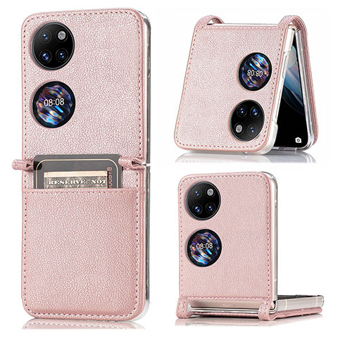 Funda Bumper Lujo Cuero y Plastico Mate Carcasa SD1 para Huawei P50 Pocket Oro Rosa