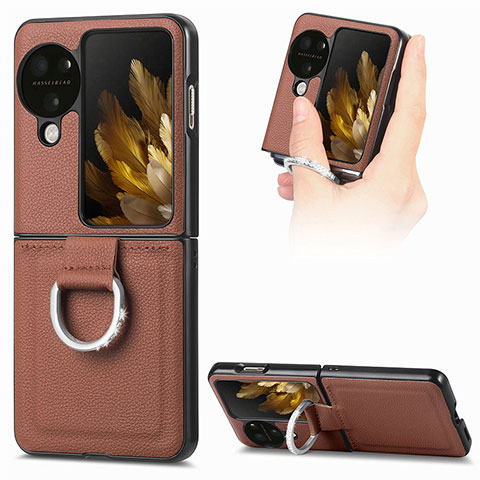 Funda Bumper Lujo Cuero y Plastico Mate Carcasa SD1 para Oppo Find N3 Flip 5G Marron