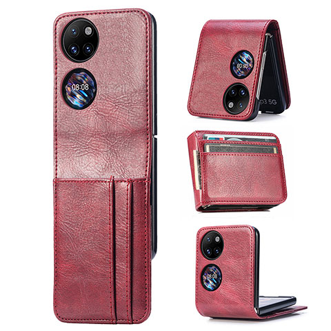 Funda Bumper Lujo Cuero y Plastico Mate Carcasa SD4 para Huawei P50 Pocket Rojo