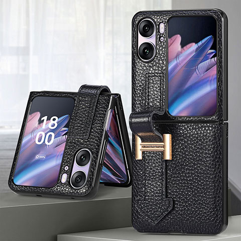 Funda Bumper Lujo Cuero y Plastico Mate Carcasa SD4 para Oppo Find N2 Flip 5G Negro