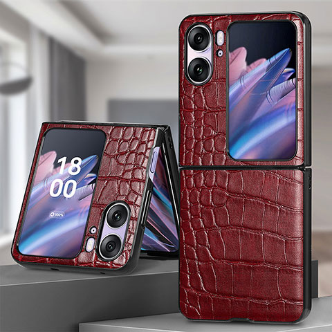 Funda Bumper Lujo Cuero y Plastico Mate Carcasa SD5 para Oppo Find N2 Flip 5G Rojo