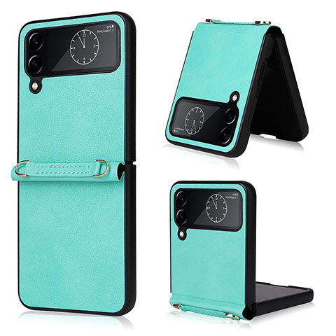 Funda Bumper Lujo Cuero y Plastico Mate Carcasa T02 para Samsung Galaxy Z Flip4 5G Cian