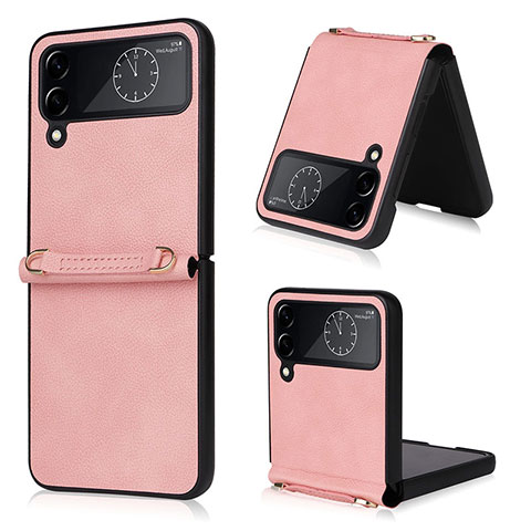 Funda Bumper Lujo Cuero y Plastico Mate Carcasa T02 para Samsung Galaxy Z Flip4 5G Oro Rosa