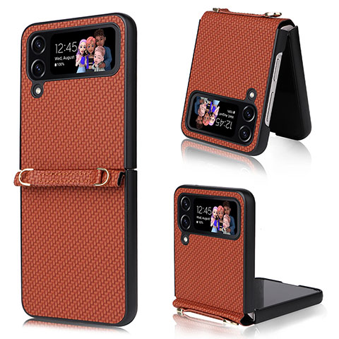 Funda Bumper Lujo Cuero y Plastico Mate Carcasa T07 para Samsung Galaxy Z Flip4 5G Marron