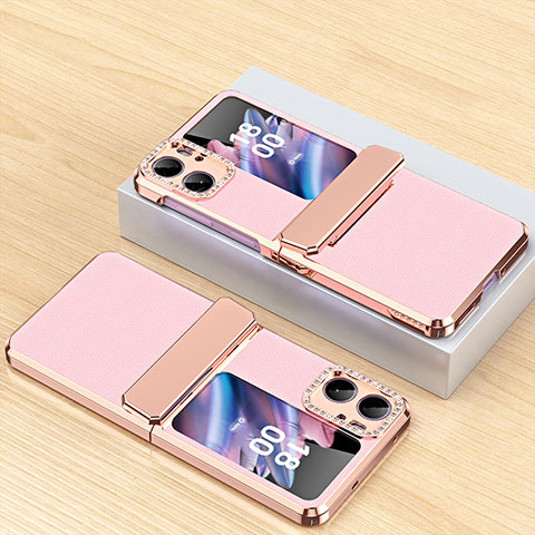 Funda Bumper Lujo Cuero y Plastico Mate Carcasa WZ2 para Oppo Find N2 Flip 5G Oro Rosa