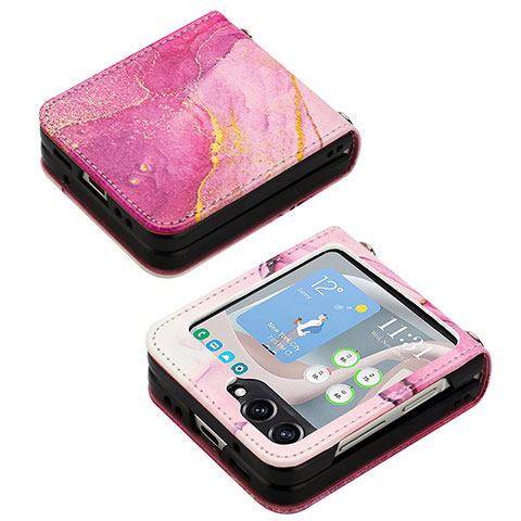 Funda Bumper Lujo Cuero y Plastico Mate Carcasa YB2 para Samsung Galaxy Z Flip5 5G Rosa Roja