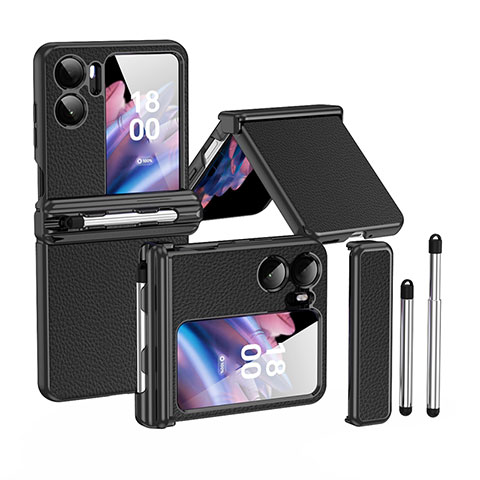 Funda Bumper Lujo Cuero y Plastico Mate Carcasa ZL4 para Oppo Find N2 Flip 5G Negro