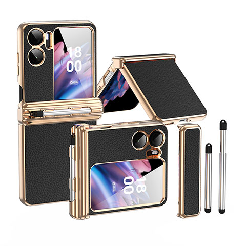 Funda Bumper Lujo Cuero y Plastico Mate Carcasa ZL4 para Oppo Find N2 Flip 5G Oro y Negro