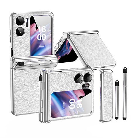 Funda Bumper Lujo Cuero y Plastico Mate Carcasa ZL4 para Oppo Find N2 Flip 5G Plata