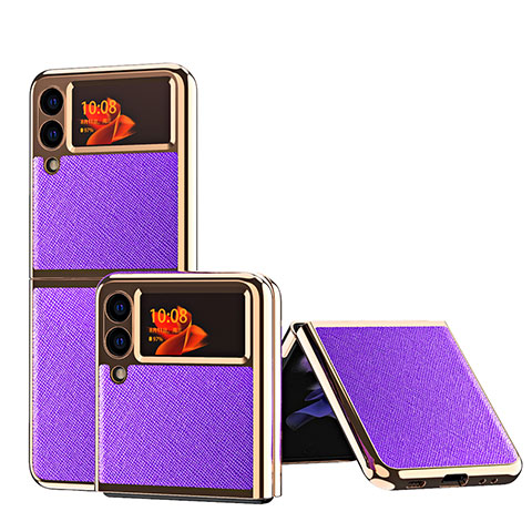 Funda Bumper Lujo Cuero y Plastico Mate Carcasa ZL4 para Samsung Galaxy Z Flip3 5G Morado