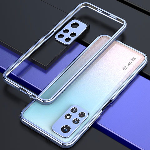 Funda Bumper Lujo Marco de Aluminio Carcasa S02 para Xiaomi Poco M4 Pro 5G Plata y Azul