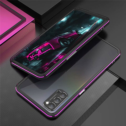 Funda Bumper Lujo Marco de Aluminio Carcasa T01 para Oppo Reno4 5G Morado y Negro