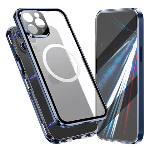 Funda Bumper Lujo Marco de Aluminio Espejo 360 Grados Carcasa con Mag-Safe Magnetic para Apple iPhone 15 Pro Azul