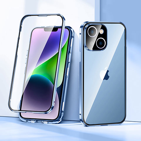 Funda Bumper Lujo Marco de Aluminio Espejo 360 Grados Carcasa LK1 para Apple iPhone 14 Plus Azul