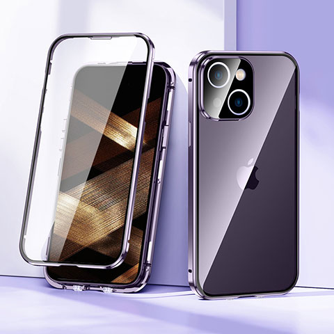 Funda Bumper Lujo Marco de Aluminio Espejo 360 Grados Carcasa LK1 para Apple iPhone 15 Plus Morado