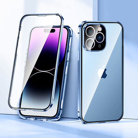 Funda Bumper Lujo Marco de Aluminio Espejo 360 Grados Carcasa LK2 para Apple iPhone 14 Pro Max Azul