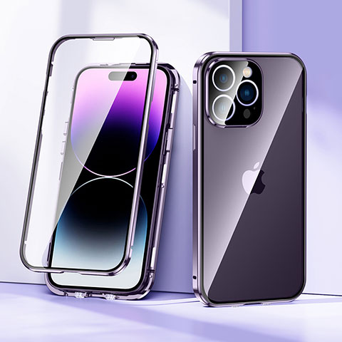 Funda Bumper Lujo Marco de Aluminio Espejo 360 Grados Carcasa LK2 para Apple iPhone 14 Pro Max Morado