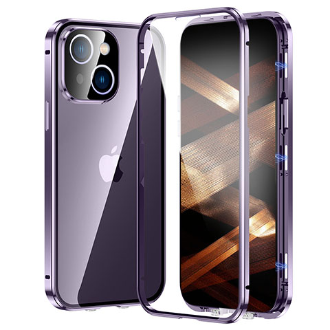 Funda Bumper Lujo Marco de Aluminio Espejo 360 Grados Carcasa LK2 para Apple iPhone 15 Plus Morado