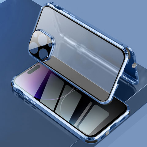 Funda Bumper Lujo Marco de Aluminio Espejo 360 Grados Carcasa LK3 para Apple iPhone 16 Pro Azul