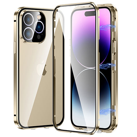 Funda Bumper Lujo Marco de Aluminio Espejo 360 Grados Carcasa LO1 para Apple iPhone 14 Pro Max Oro