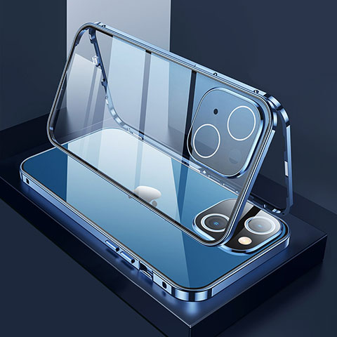 Funda Bumper Lujo Marco de Aluminio Espejo 360 Grados Carcasa M01 para Apple iPhone 15 Azul