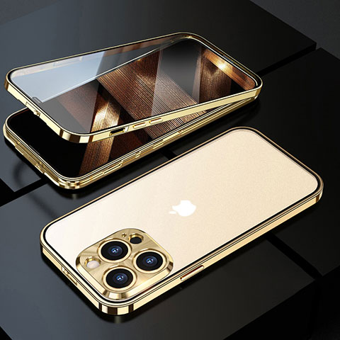 Funda Bumper Lujo Marco de Aluminio Espejo 360 Grados Carcasa M01 para Apple iPhone 16 Pro Max Oro