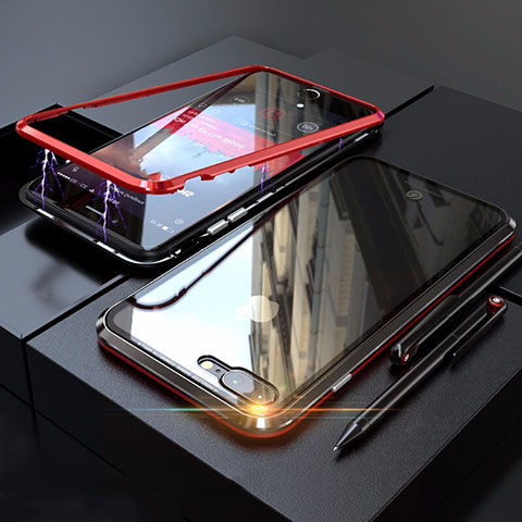 Funda Bumper Lujo Marco de Aluminio Espejo 360 Grados Carcasa M01 para Apple iPhone 7 Plus Rojo y Negro