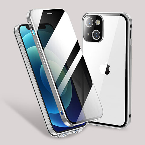 Funda Bumper Lujo Marco de Aluminio Espejo 360 Grados Carcasa M02 para Apple iPhone 13 Plata
