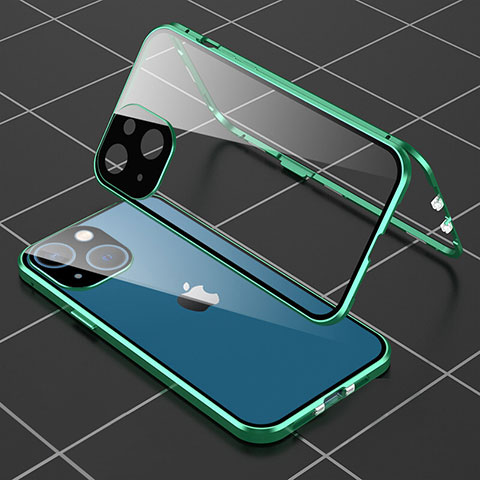 Funda Bumper Lujo Marco de Aluminio Espejo 360 Grados Carcasa M04 para Apple iPhone 14 Plus Verde