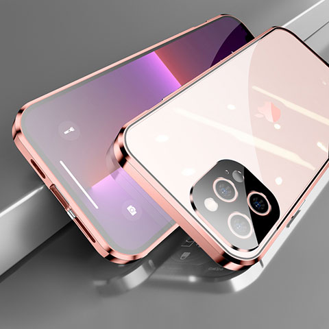 Funda Bumper Lujo Marco de Aluminio Espejo 360 Grados Carcasa M05 para Apple iPhone 13 Pro Max Oro Rosa