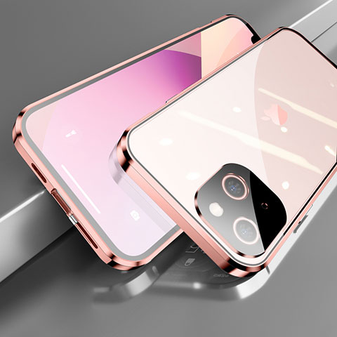 Funda Bumper Lujo Marco de Aluminio Espejo 360 Grados Carcasa M05 para Apple iPhone 14 Plus Oro Rosa