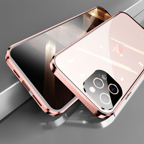 Funda Bumper Lujo Marco de Aluminio Espejo 360 Grados Carcasa M05 para Apple iPhone 16 Pro Max Oro Rosa