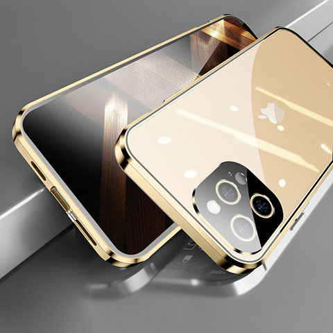 Funda Bumper Lujo Marco de Aluminio Espejo 360 Grados Carcasa M05 para Apple iPhone 16 Pro Oro