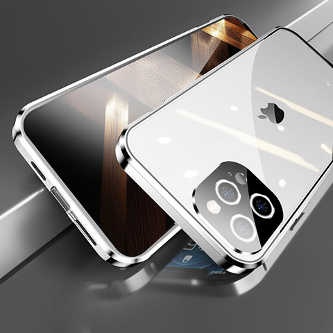 Funda Bumper Lujo Marco de Aluminio Espejo 360 Grados Carcasa M05 para Apple iPhone 16 Pro Plata