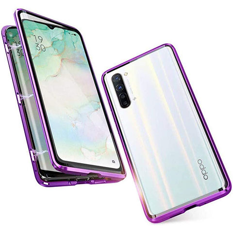 Funda Bumper Lujo Marco de Aluminio Espejo 360 Grados Carcasa M05 para Oppo F15 Morado