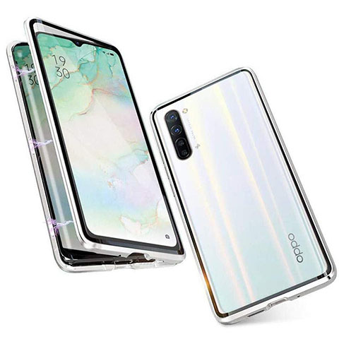 Funda Bumper Lujo Marco de Aluminio Espejo 360 Grados Carcasa M05 para Oppo F15 Plata