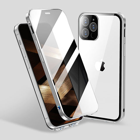 Funda Bumper Lujo Marco de Aluminio Espejo 360 Grados Carcasa M06 para Apple iPhone 14 Pro Max Plata