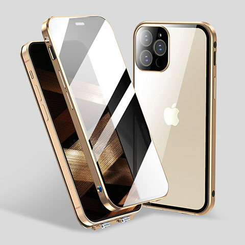 Funda Bumper Lujo Marco de Aluminio Espejo 360 Grados Carcasa M06 para Apple iPhone 15 Pro Max Oro