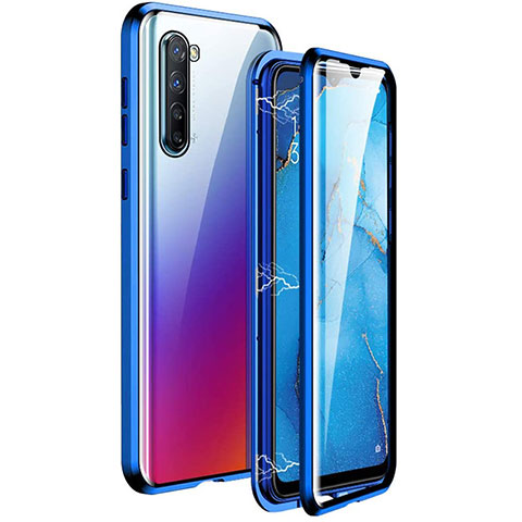 Funda Bumper Lujo Marco de Aluminio Espejo 360 Grados Carcasa M06 para Oppo F15 Azul