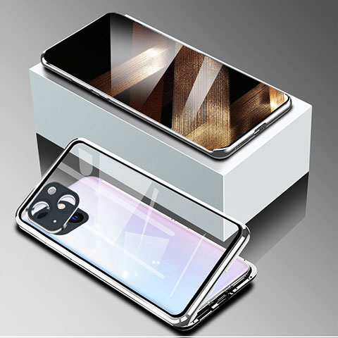 Funda Bumper Lujo Marco de Aluminio Espejo 360 Grados Carcasa M09 para Apple iPhone 15 Plata