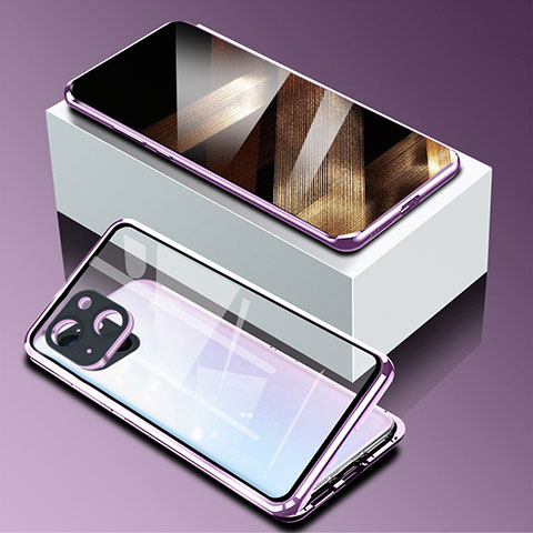 Funda Bumper Lujo Marco de Aluminio Espejo 360 Grados Carcasa M09 para Apple iPhone 15 Plus Morado