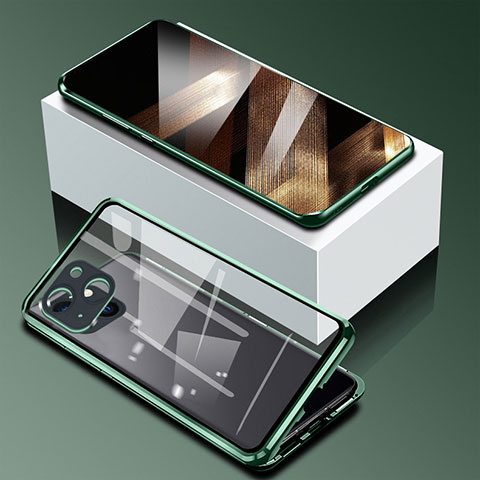 Funda Bumper Lujo Marco de Aluminio Espejo 360 Grados Carcasa M09 para Apple iPhone 15 Verde