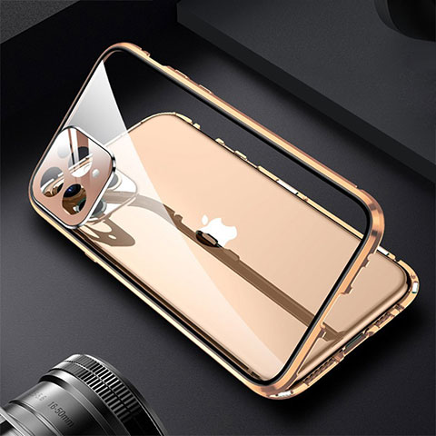 Funda Bumper Lujo Marco de Aluminio Espejo 360 Grados Carcasa M09 para Apple iPhone 16 Pro Oro