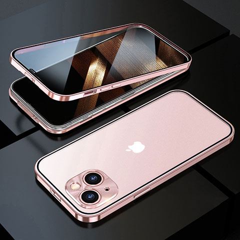 Funda Bumper Lujo Marco de Aluminio Espejo 360 Grados Carcasa M10 para Apple iPhone 15 Oro Rosa